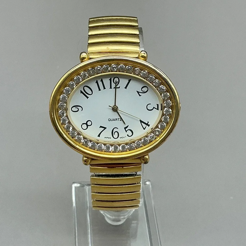 Avon Watch Women's Gold Tone Rhinestone Oval Expansion Band 36mm NEW BATTERY